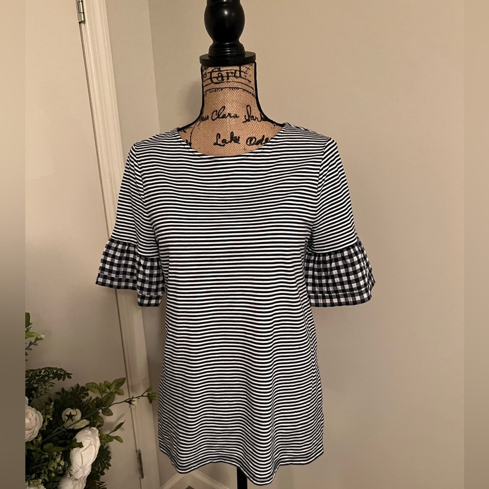 Chico’s Size Small Blue and White Striped Top with Checked Ruffle Sleeves